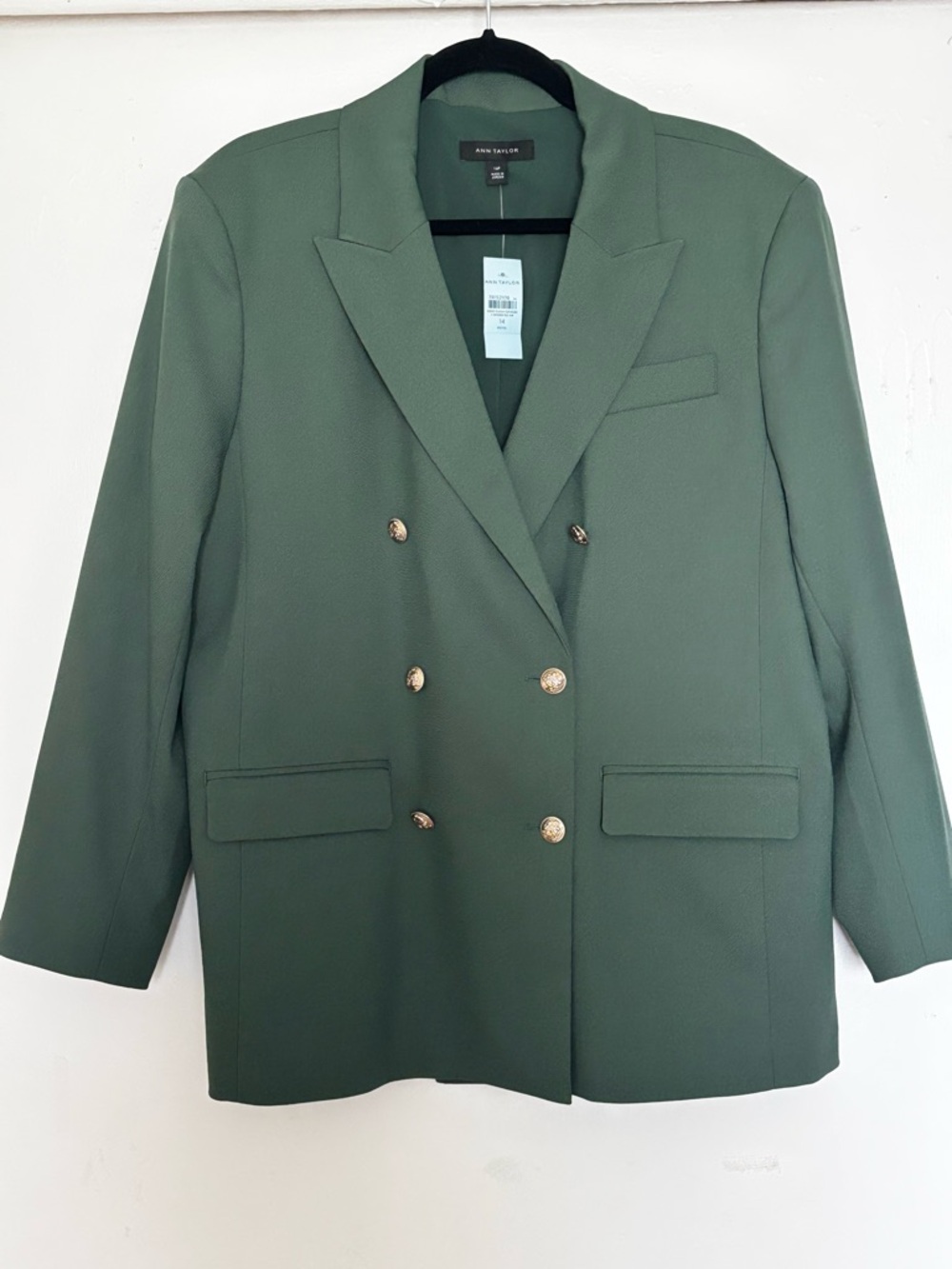 Ann Taylor Olive Green Double-Breasted Blazer with Gold Buttons NWT Size 14P